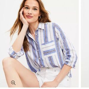 LOFT Striped Linen Blend Everyday Pocket Button Shirt‎ Size XS